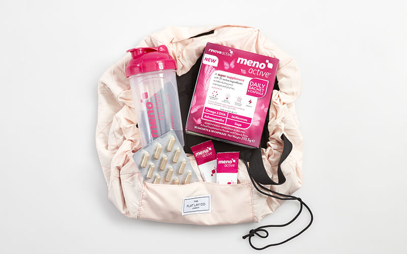 6 months worth of Meno Active shaker bottle and The Flat Lay Co Drawstring Makeup Bag